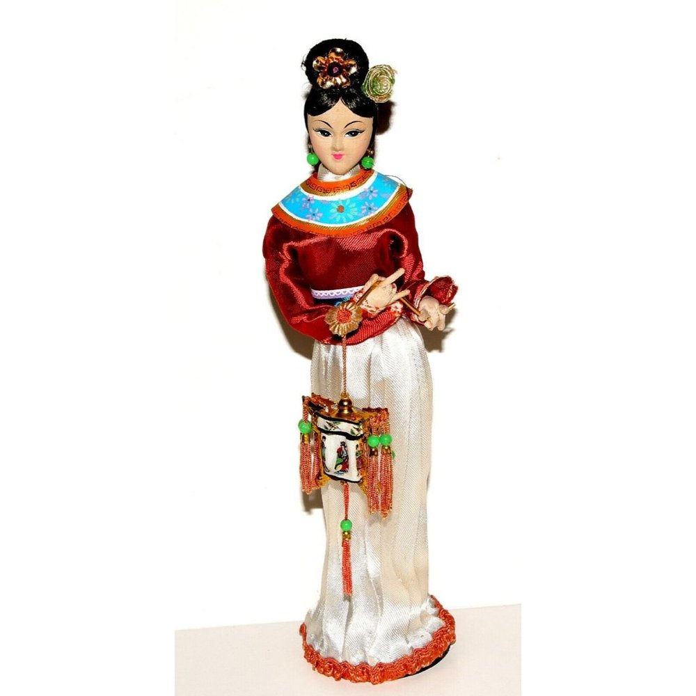 Vintage Asian Doll Silk Face Traditional Dress Purse Tassels and Metal 10 1/2"